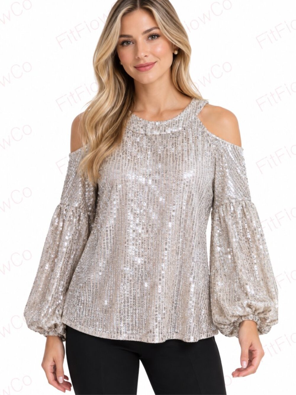 CeCe Champagne Sequin Cold Shoulder Blouse S NWT Balloon Sleeve
